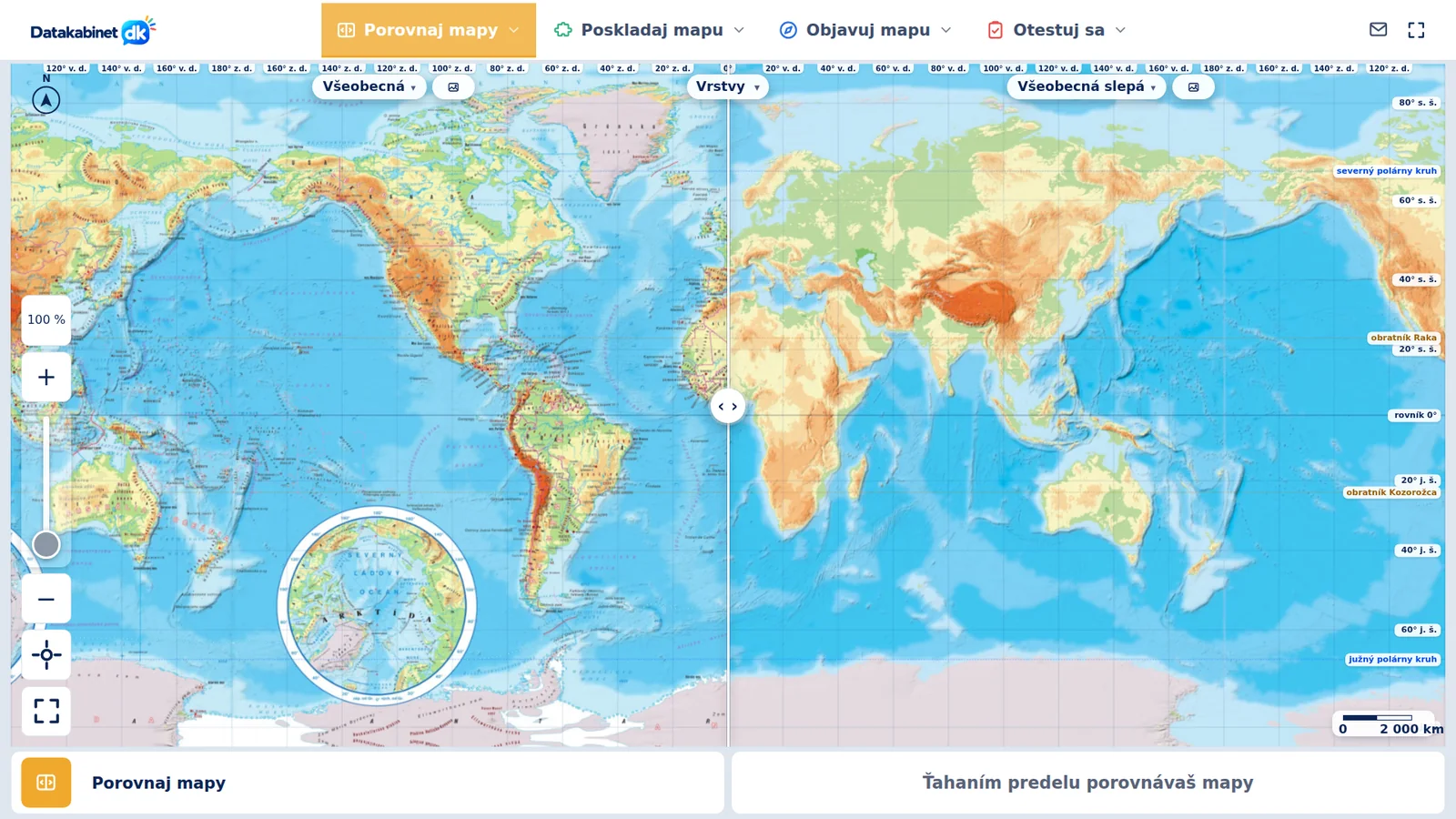 Interaktívna tabuľa – Porovnaj mapy, posuvník medzi všeobecnou a slepou mapou